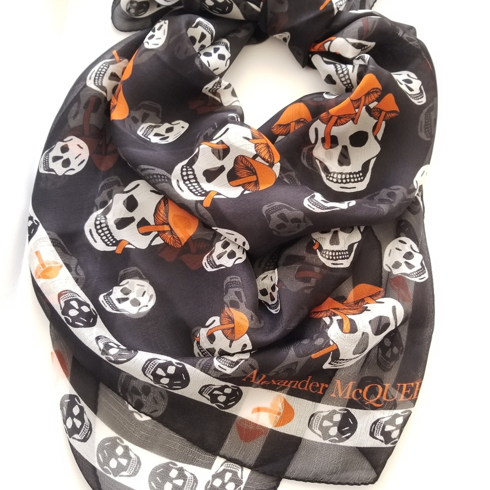 Alexander McQueen Mushroom & Skull Motifs Silk Scarf Black Orange