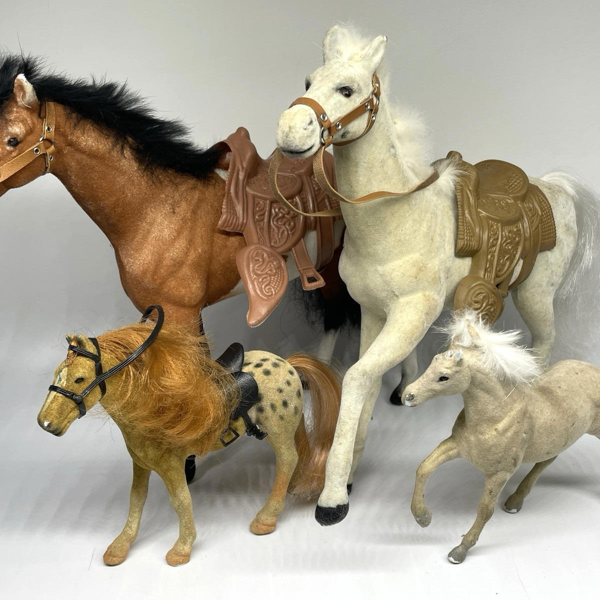 Vintage Flocked Plastic Horse Toys Rabbit Fur Mane LOT of 4