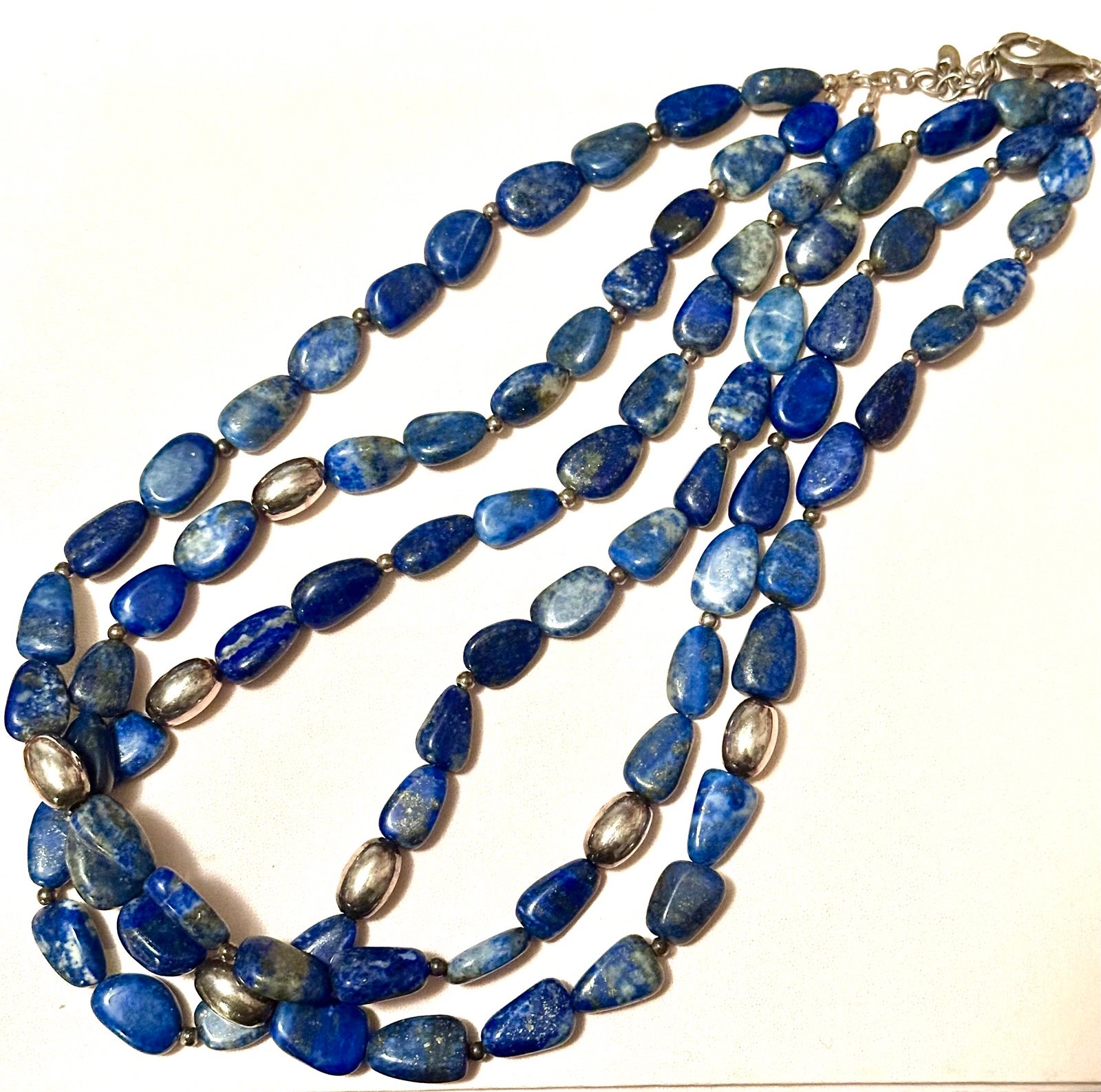 Vintage Lapis Lazuli 3 Strand Necklace / with 925 clasp