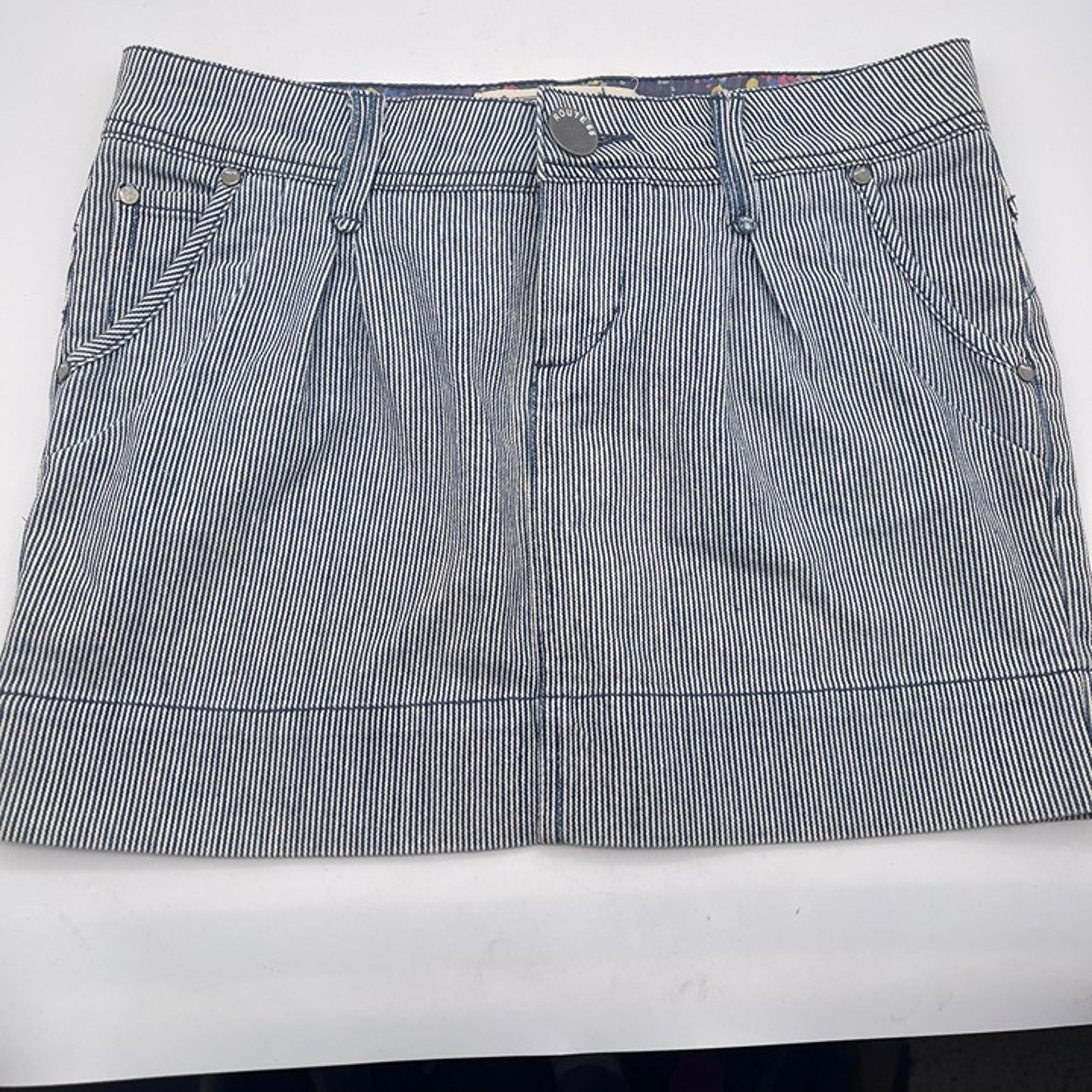 Route 66 Women's 3/4 Y2K Pinstripe Denim Mini Skirt Stretch Blue White T4