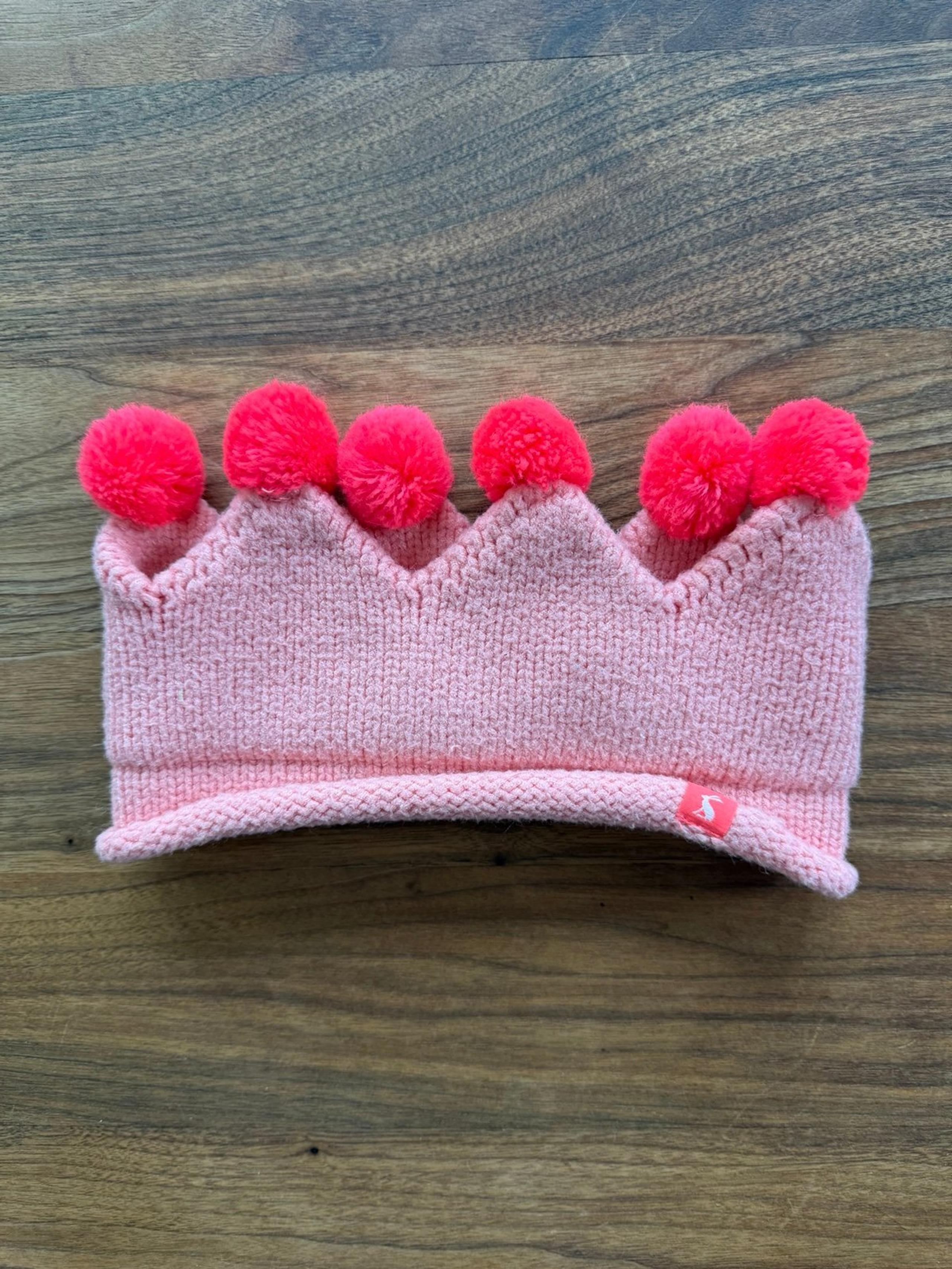 Joules Pink Crown Beanie Headband Queen Pompom knit beanie - Size 8-12 and Older