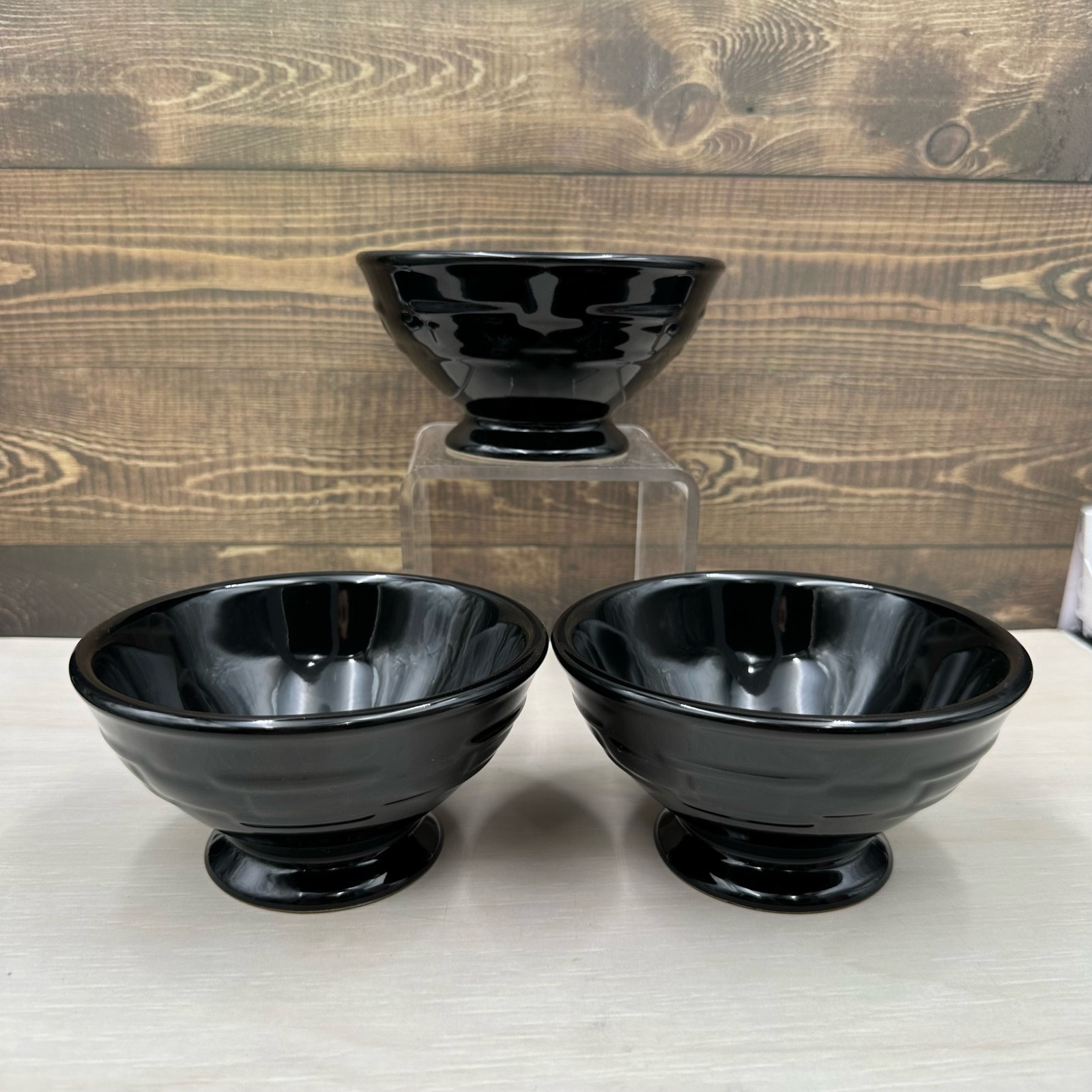 Set of 3 Longaberger Woven Traditions Ebony Black Footed Ice Cream Bowls