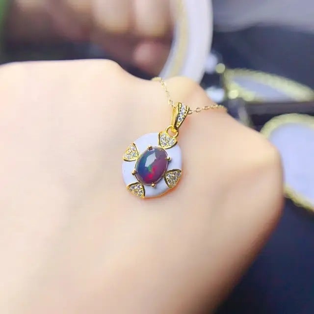 6x8mm Natural Black Opal Pendant Necklace, Black Opal Pendant Necklace