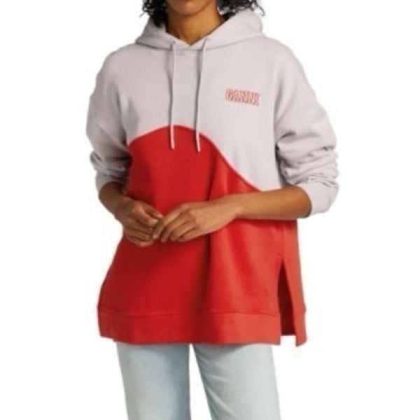 Ganni Isoli Wave Lavender Red Colorblock Logo Hoodie Sz L/XL Indie Skater Casual