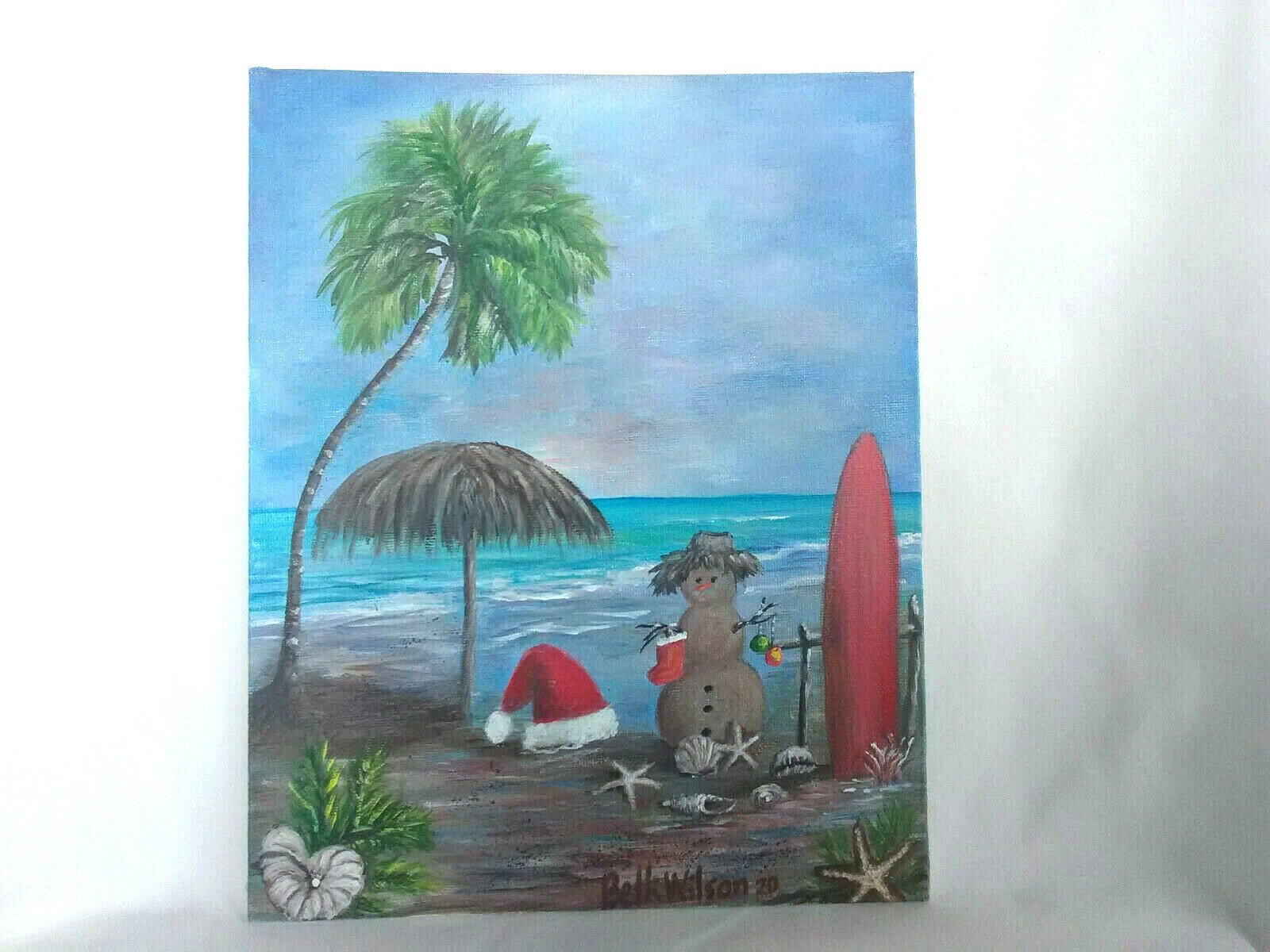 Original Acrylic Painting 8 x10 Canvas Panel, Christmas on the Beach Art Decor