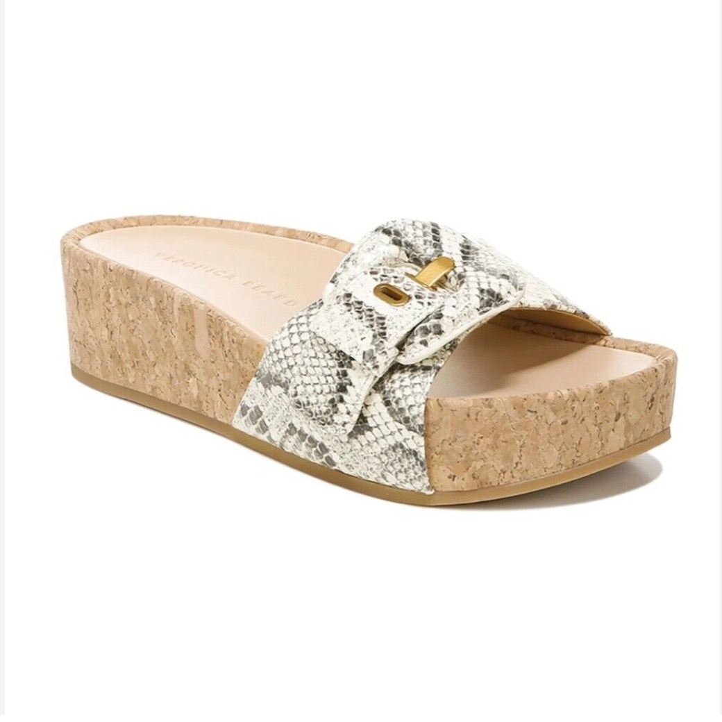 Veronica Beard Dixie Snakeskin Print Leather Buckle Cork Platform Slide Sandals