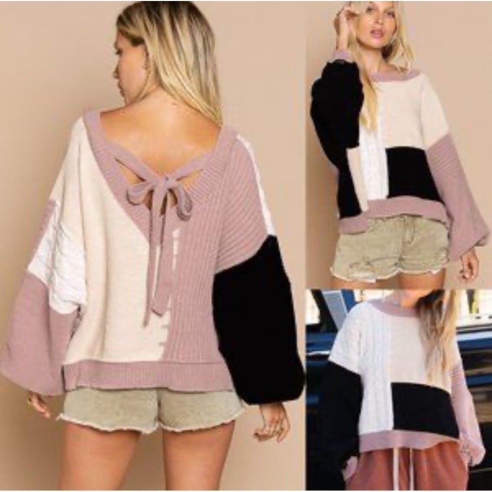 POL Color Block Knit Sweater Tie Front Cropped Balloon Sleeve Pink Cream Black M