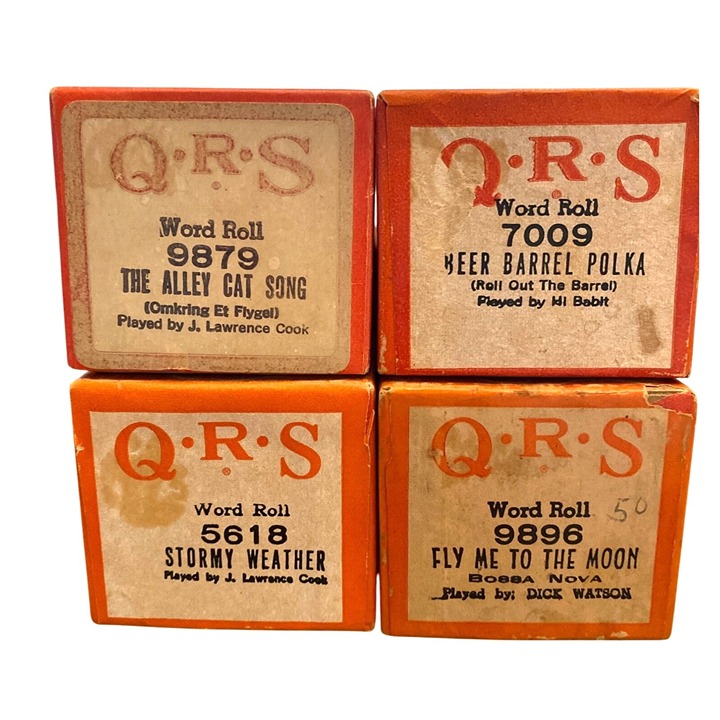 Player Piano Rolls (4) With Boxes Vintage Ally Cat, Stormy Weather, etc.