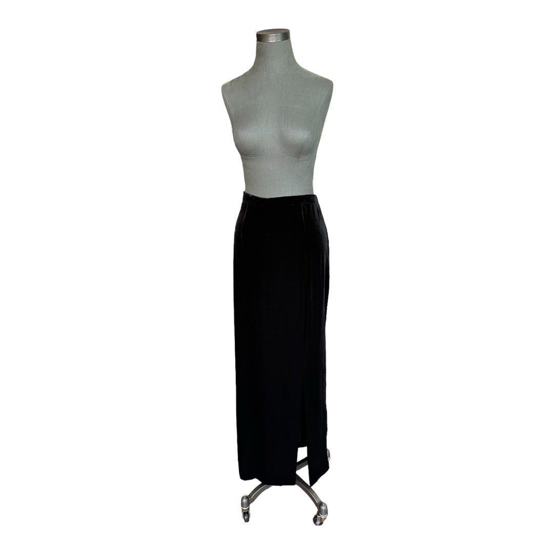 Vintage Women's Skirt Black Velvet Body-con Skirt Slit Front Pull On Maxi Skirt