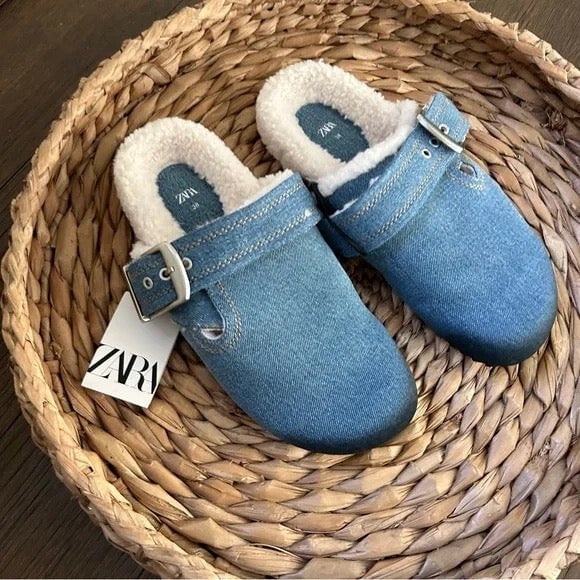 NWT Zara Fleece Lined Denim Clogs Size 7.5