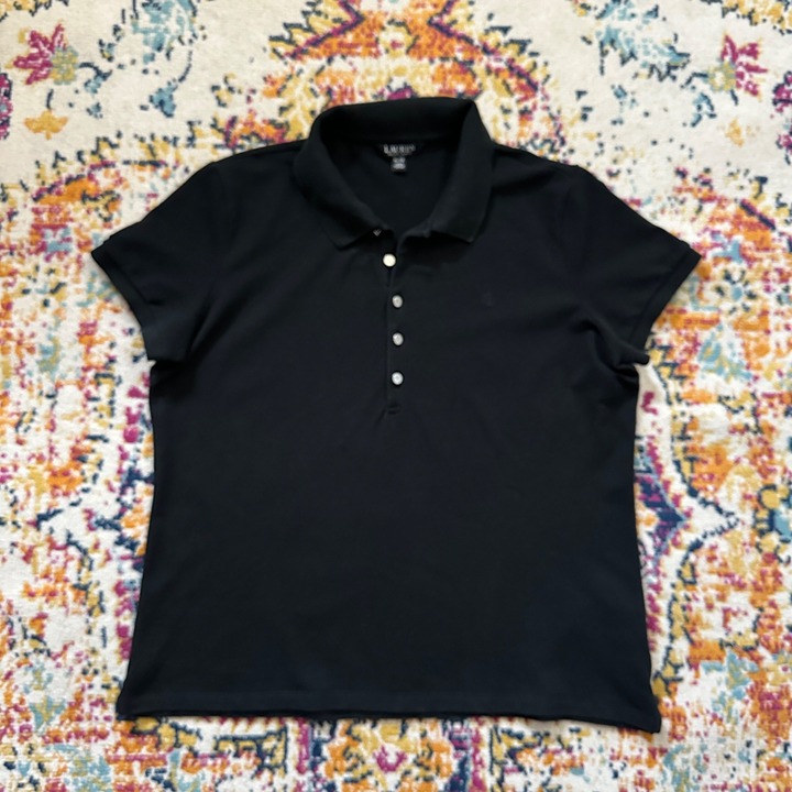 Lauren Ralph Lauren Logo Button Polo Shirt Black Womens Size XL Classic Pique