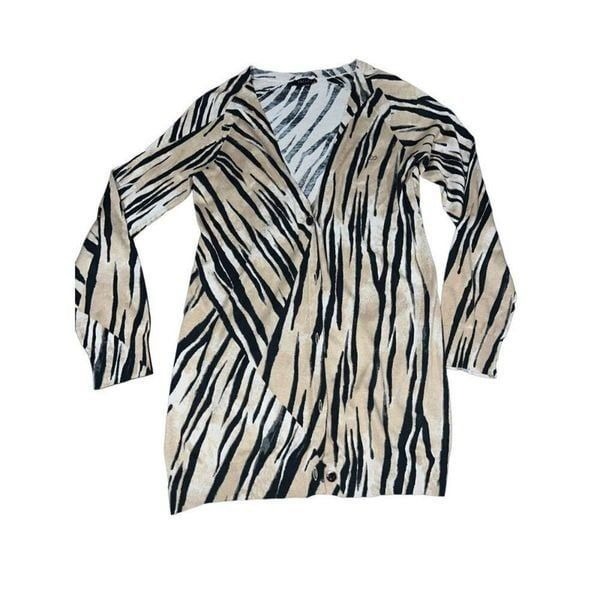 Vintage Escada Sport Tan/Black Zebra Animal Print Cardigan Button Up Tunic Lengt