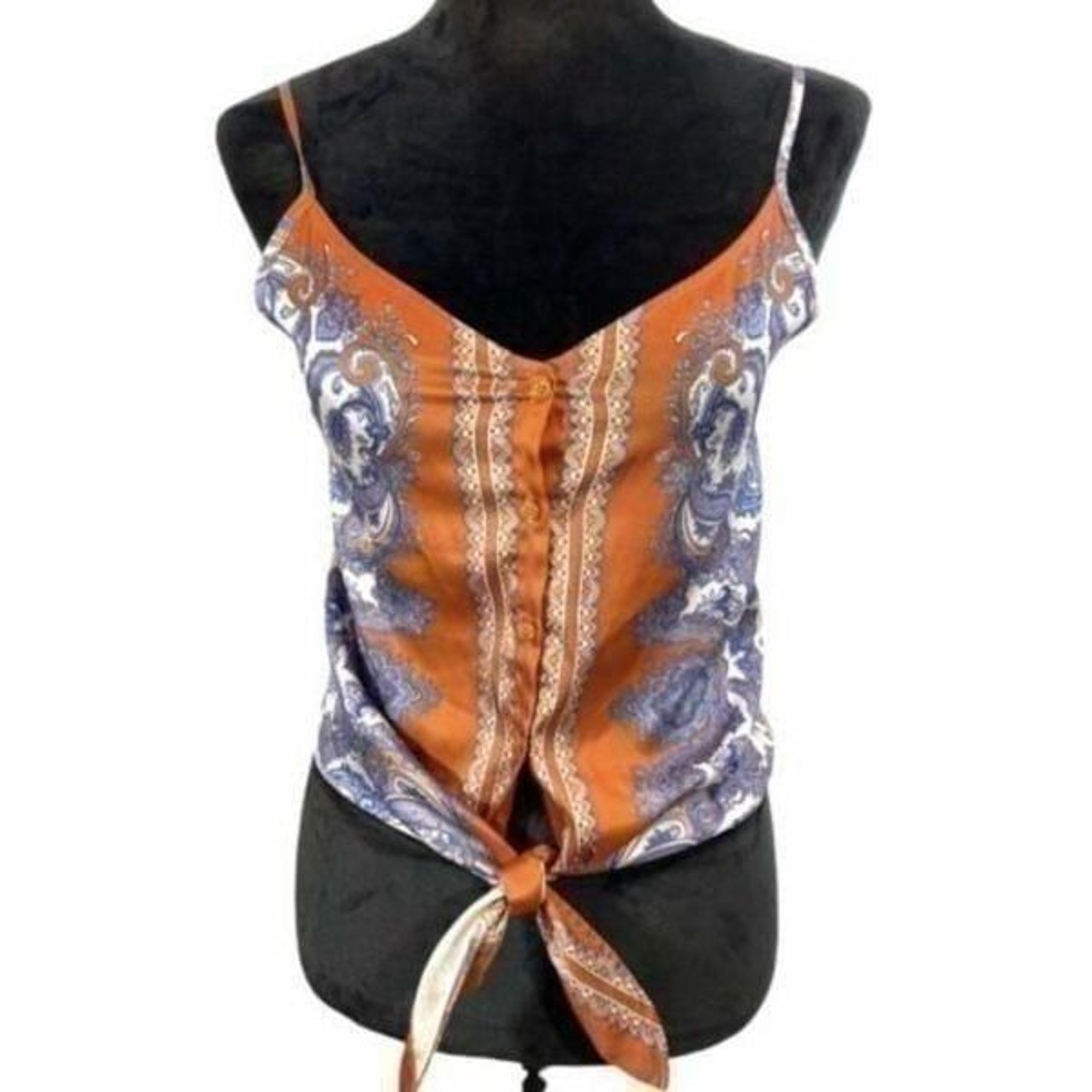 H&M Paisley Tank Cami Button Blouse Top Sleeveless Tie Front Straps Tank Size 0
