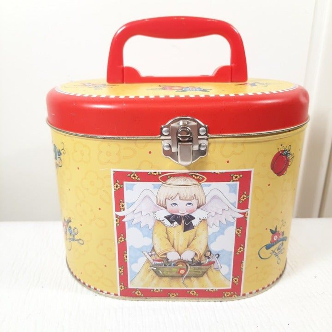 Mary Engelbreit Sewing box tin metal Handle Latch Box Angel caddy crafts yellow