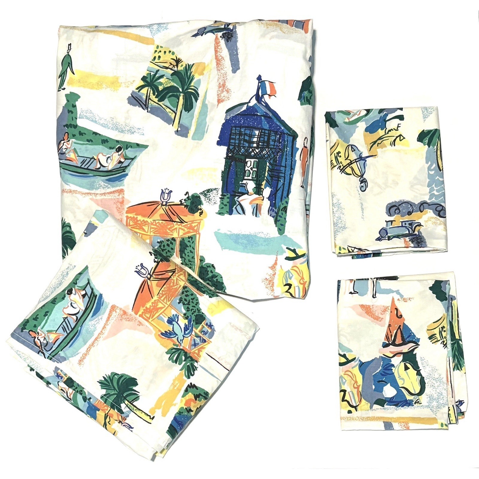 Vintage Martex French Riviera Cote D Azur Full Sheet Set Coastal Beach