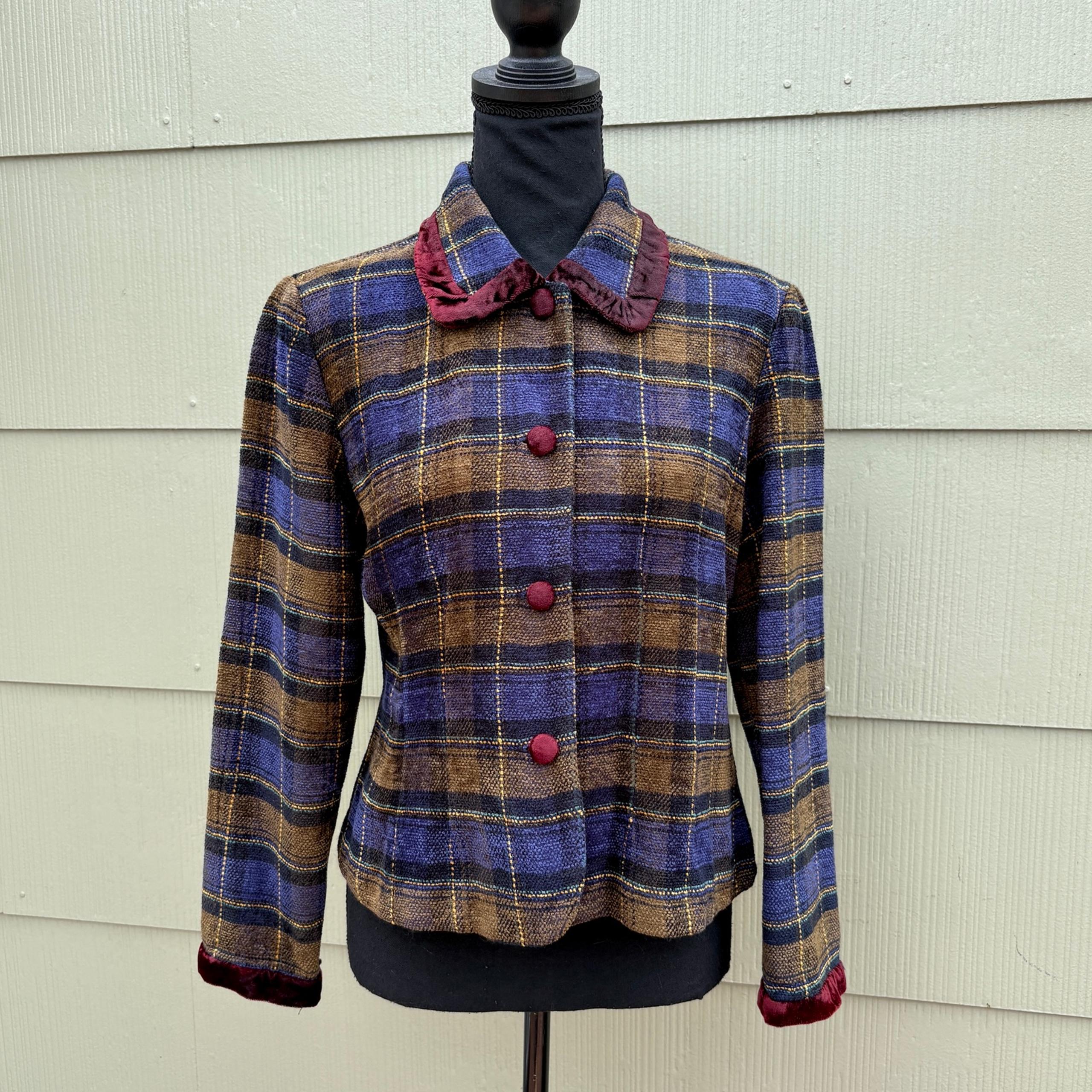 vtg 90s Grunge Dark Academia Preppy Earthy Plaid Velvet Trim Blazer Jacket