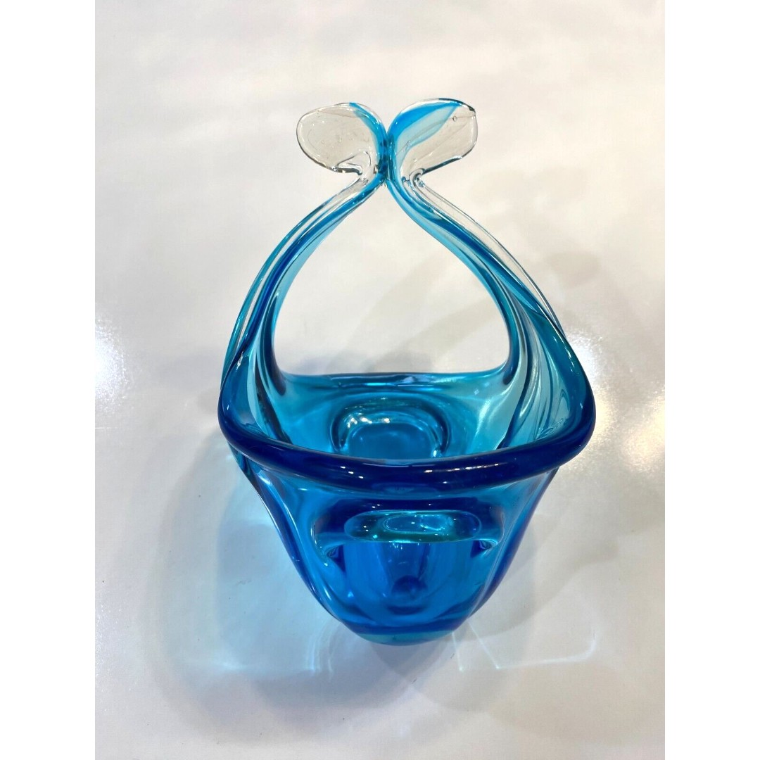 MMCI Handmade Home Designs Glass Blue Basket Bowl Unique Art MCM