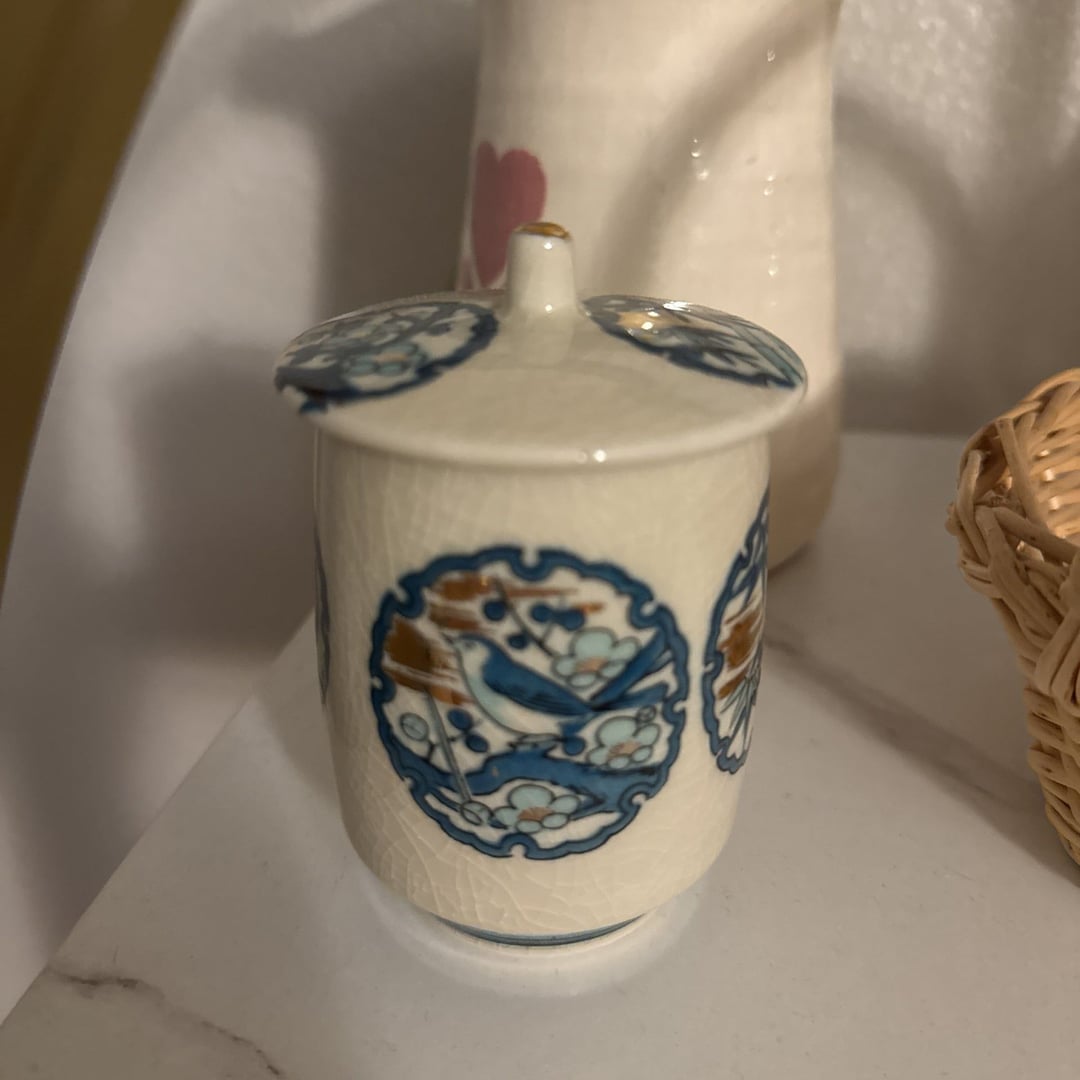 Vintage Chinoiserie Style Blue and White Porcelain Ginger Jar Sugar Bowl w/Lid