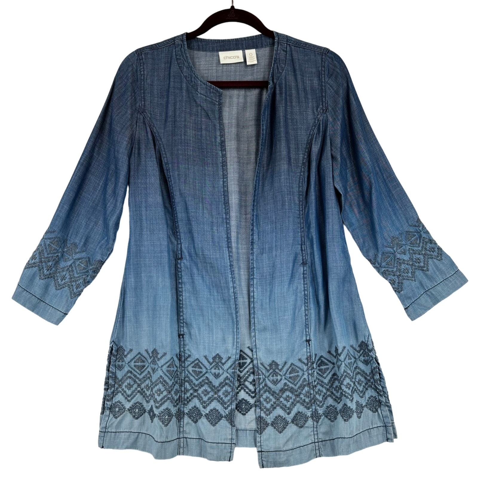 Chico's Chambray Tunic Jacket Topper Size S Ombre Blue Open Front Embroidered