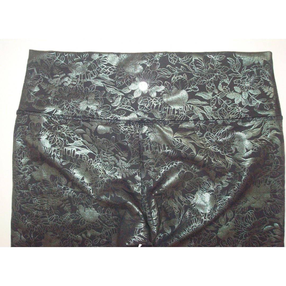 New NWT Lululemon Leggings 14 HR 23 Wunder Train Logo Foil Black Metallic Green