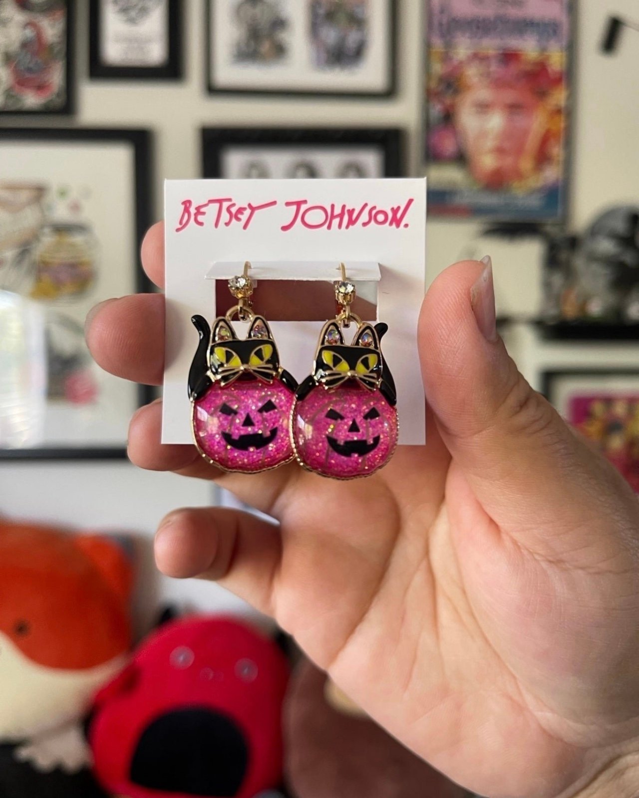 Betsey Johnson Halloween Pink Pumpkin Black Cat Earrings