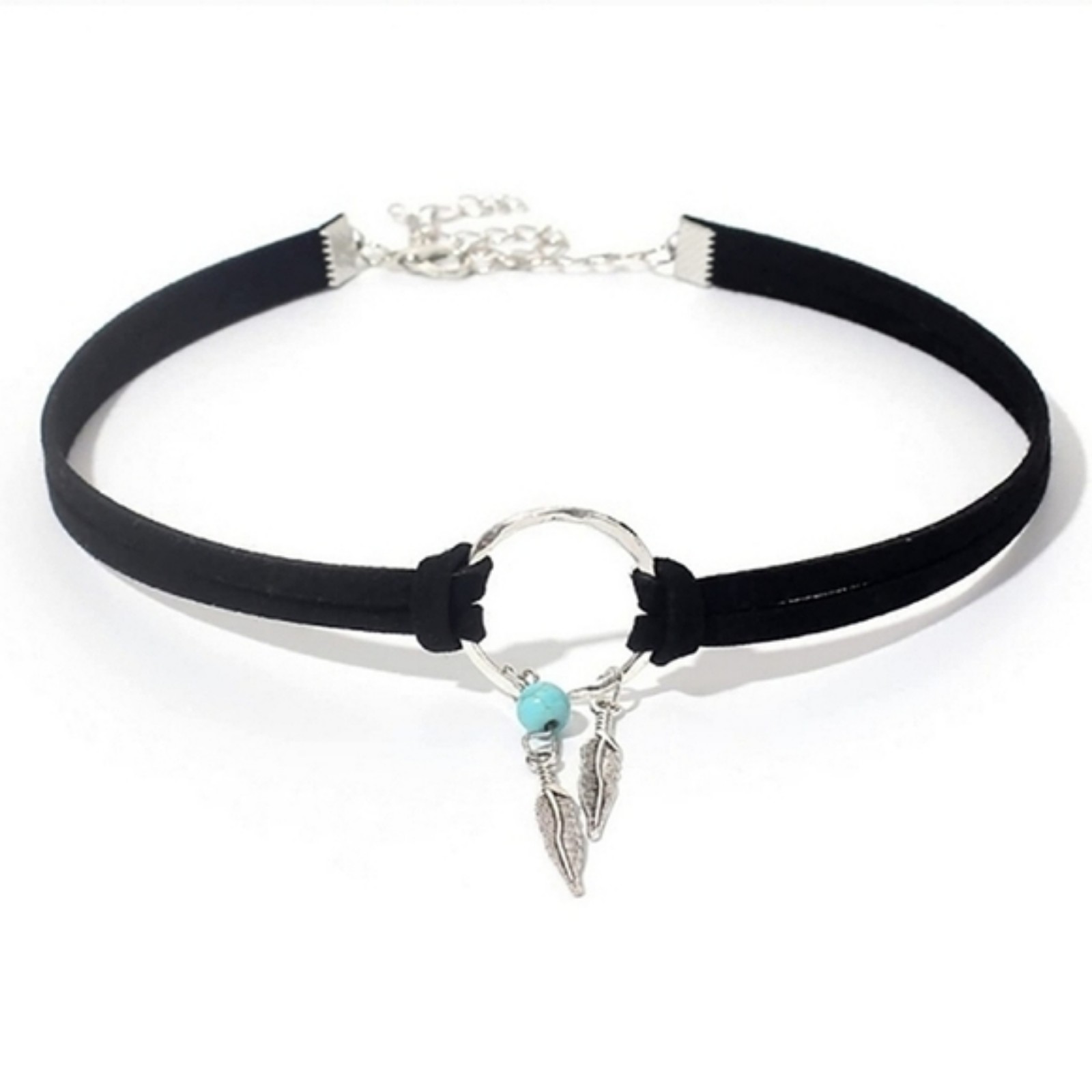 Free People Bohemian Feather Choker Necklace Black Leather Necklace