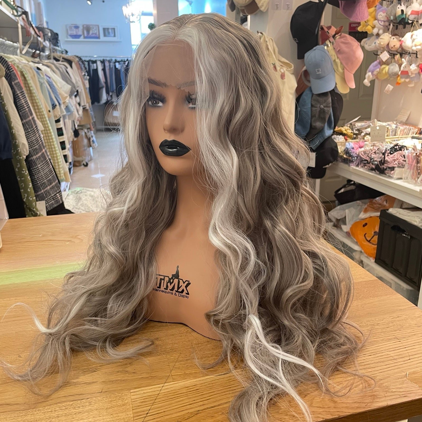 Human hair blend lace front ash gray blonde highlights wavy wig