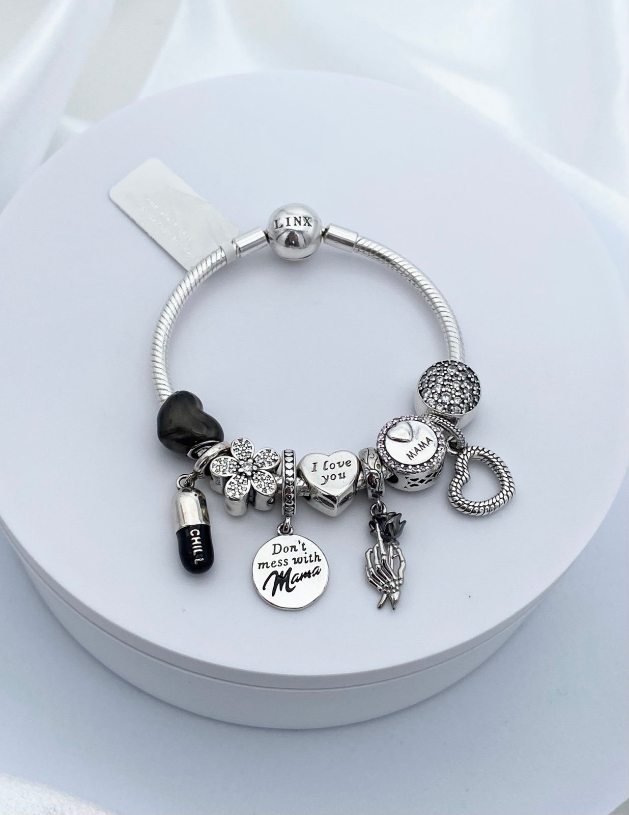 Linx Snake Chain Bracelet with Black and Silver Mama Themed Charms