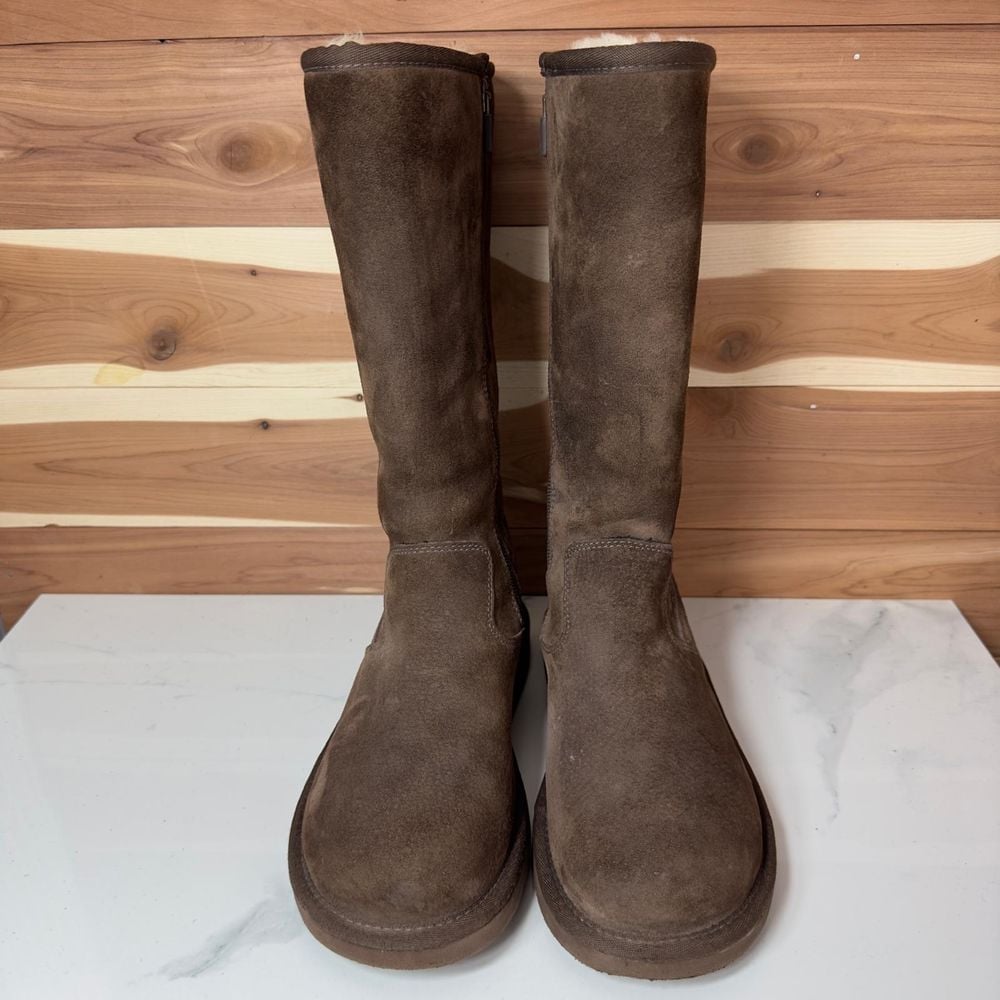 UGG Australia Boots Tall Brown Suede Zip Sheepskin Faux Fur Size 6