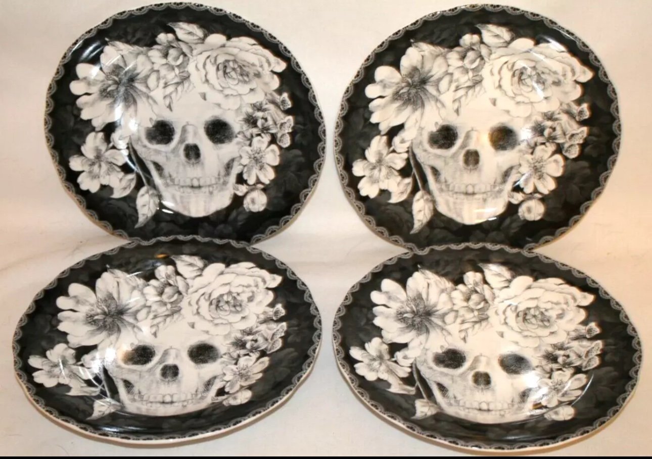 222 Fifth Marbella Skull Black White Halloween Porcelain Four Salad Plates New