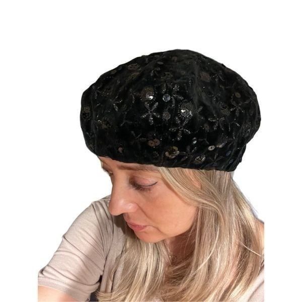 Kokin New York Black Sequined Embroidered Beret