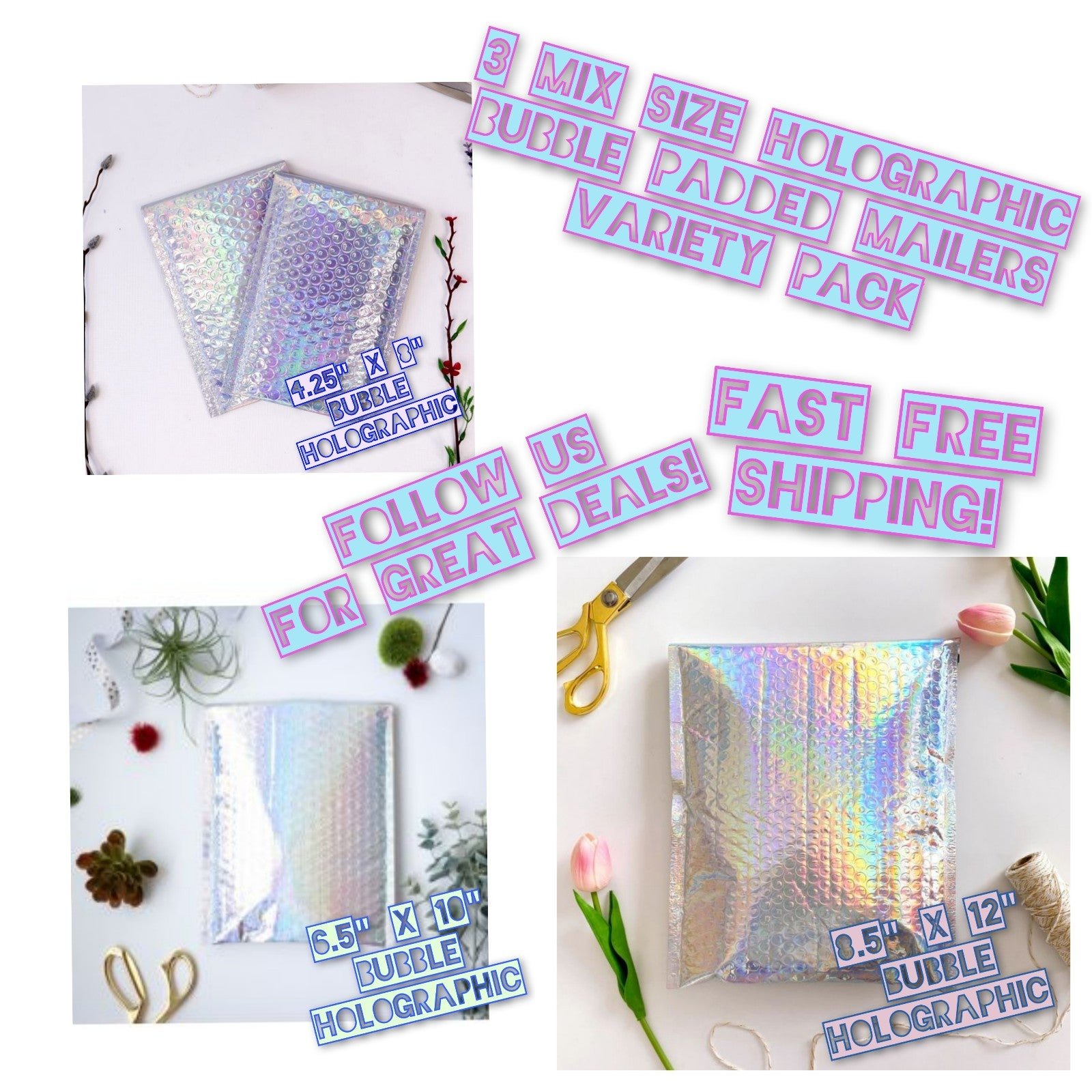 80 Mix Size Holographic Bubble Poly Mailer Bundle (4.25x8, 6.5x10 & 8.5x12)