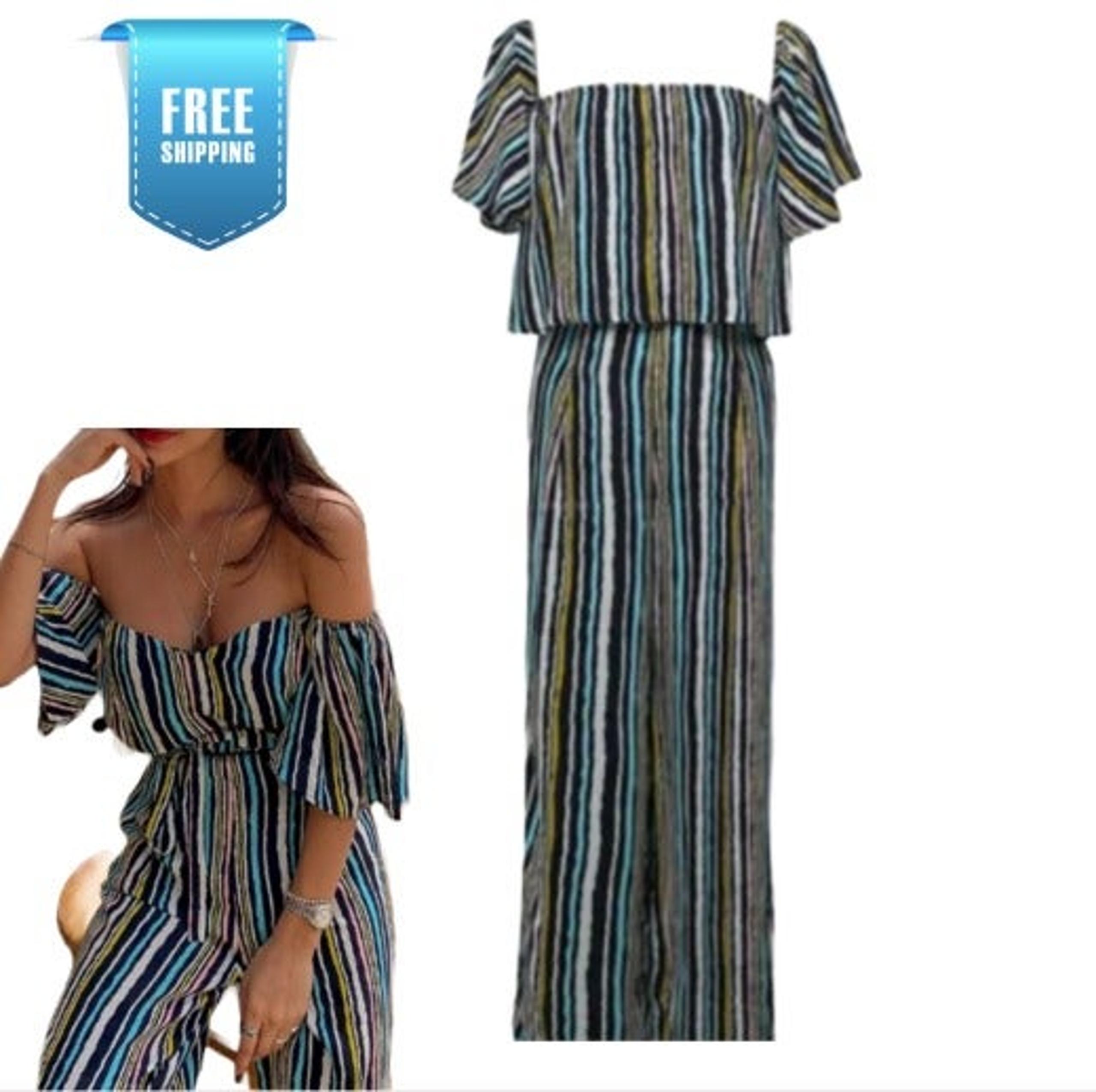 (FREE SHIPPING)Vacation Stripe Off-the-shoulders Two-piece Set - Small to Medium