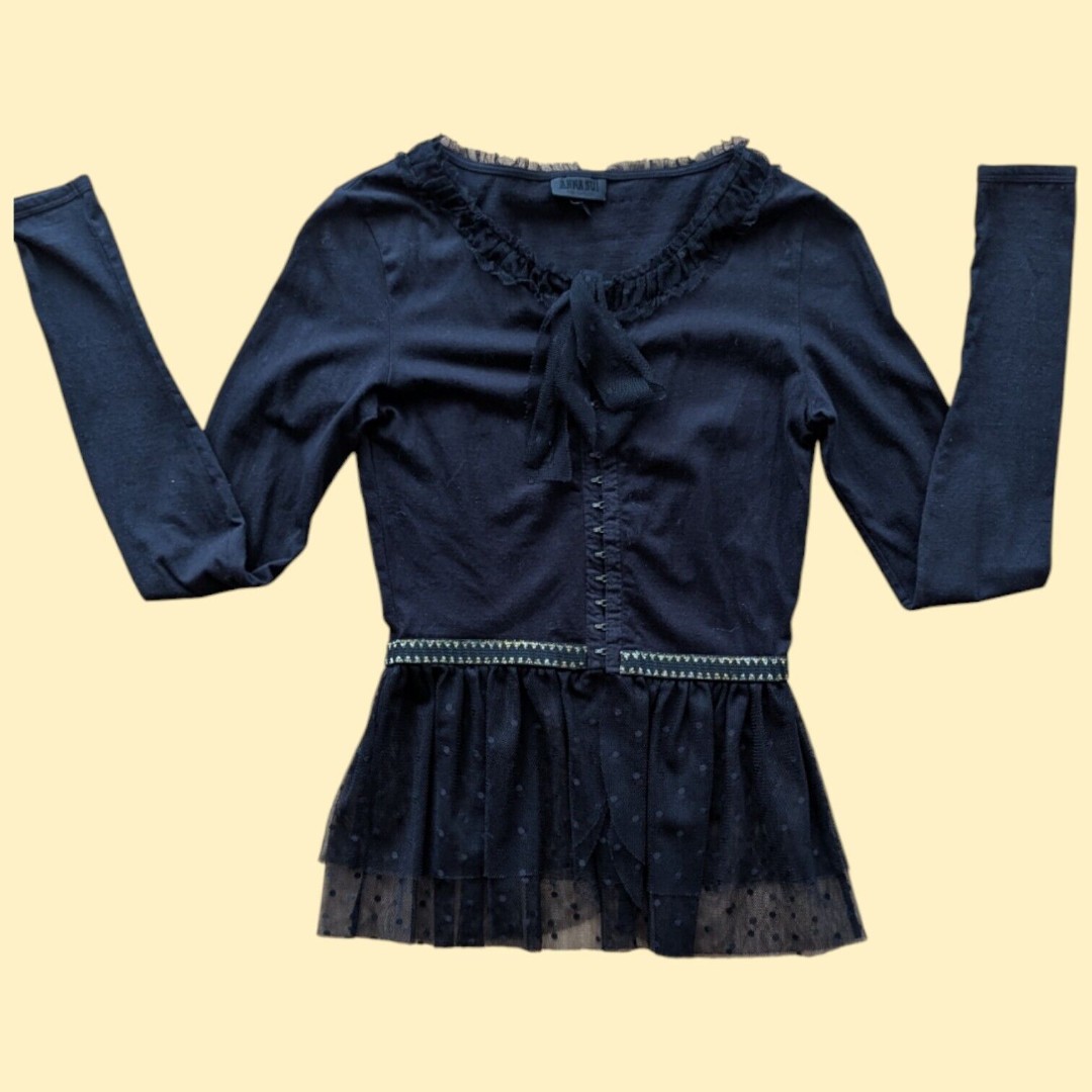 Anna Sui Sz XS Black Top Whimsigoth Dark Romantic Practical Magic y2k Lace