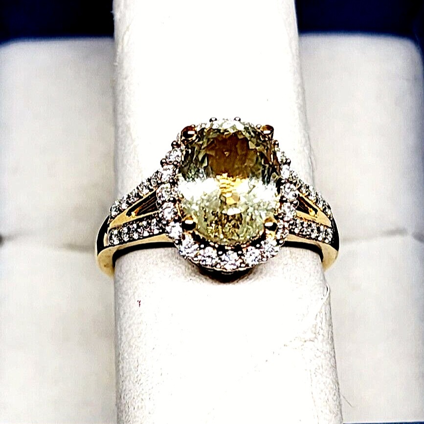 AAA Yellow Triphane/Spodu mene & Moissanite halo ring in vermeil 14K YG/925SS s7