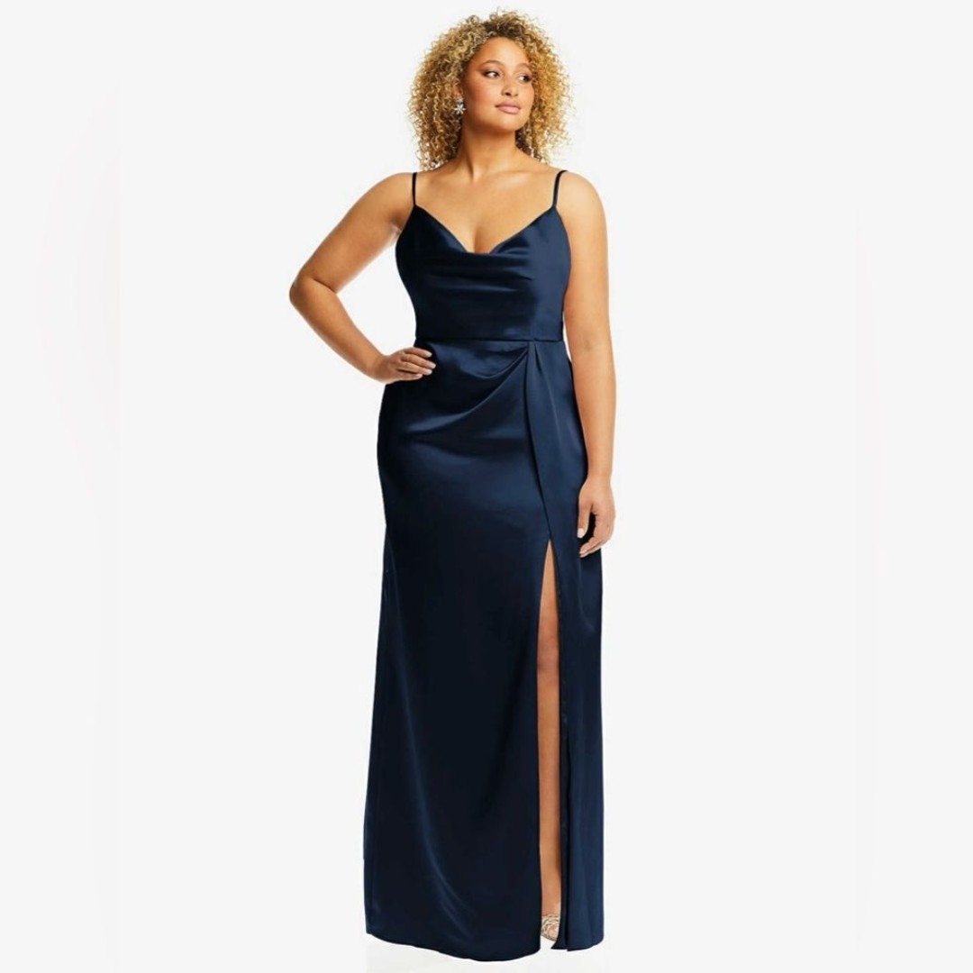 DESSY COLLECTION Wrap Maxi Dress Size 14 Midnight Navy Lux Charmeuse Satin Slit
