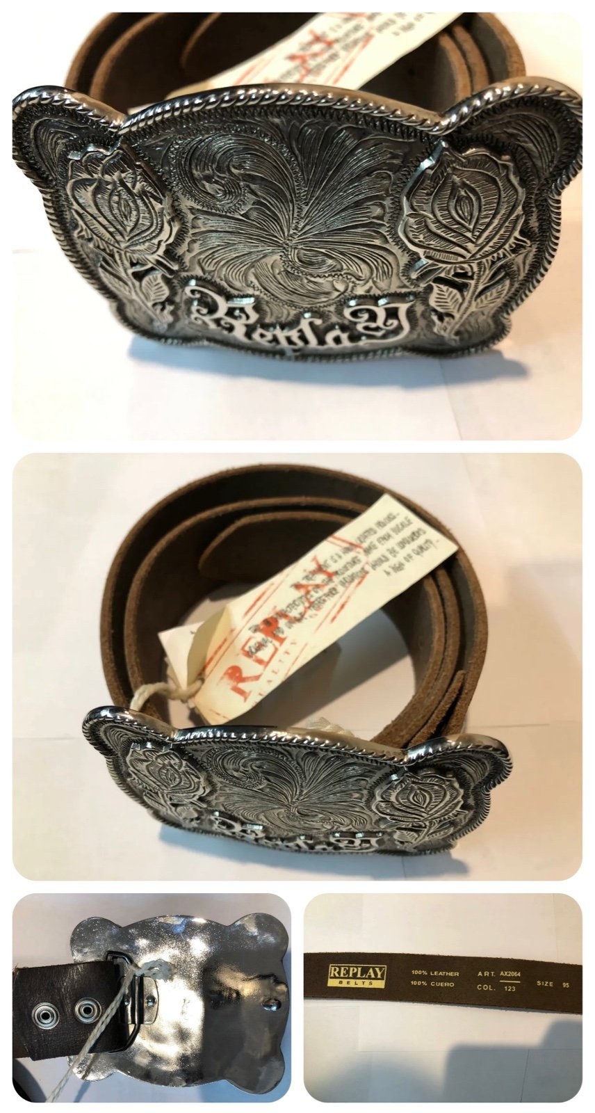 New! REPLAY Leather Belt Dark Brown Size 95 Logo Belt