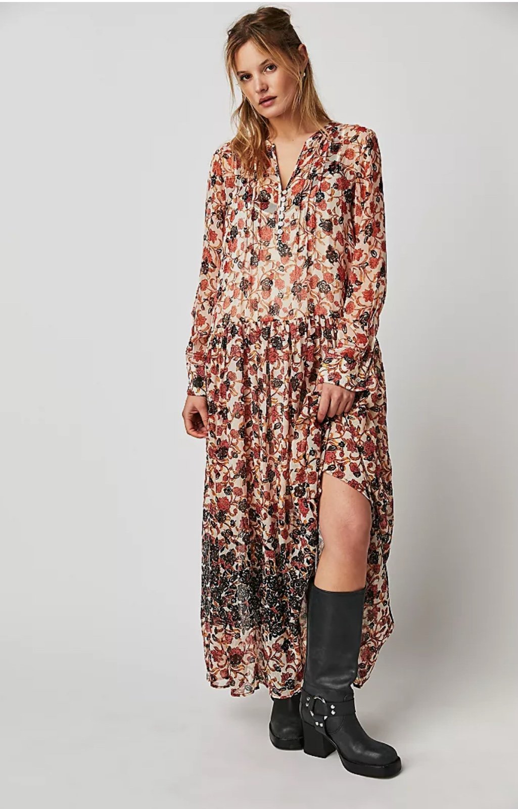 Free People Small See It Through Long Sleeve Maxi Dress Floral Black Combo NWOT