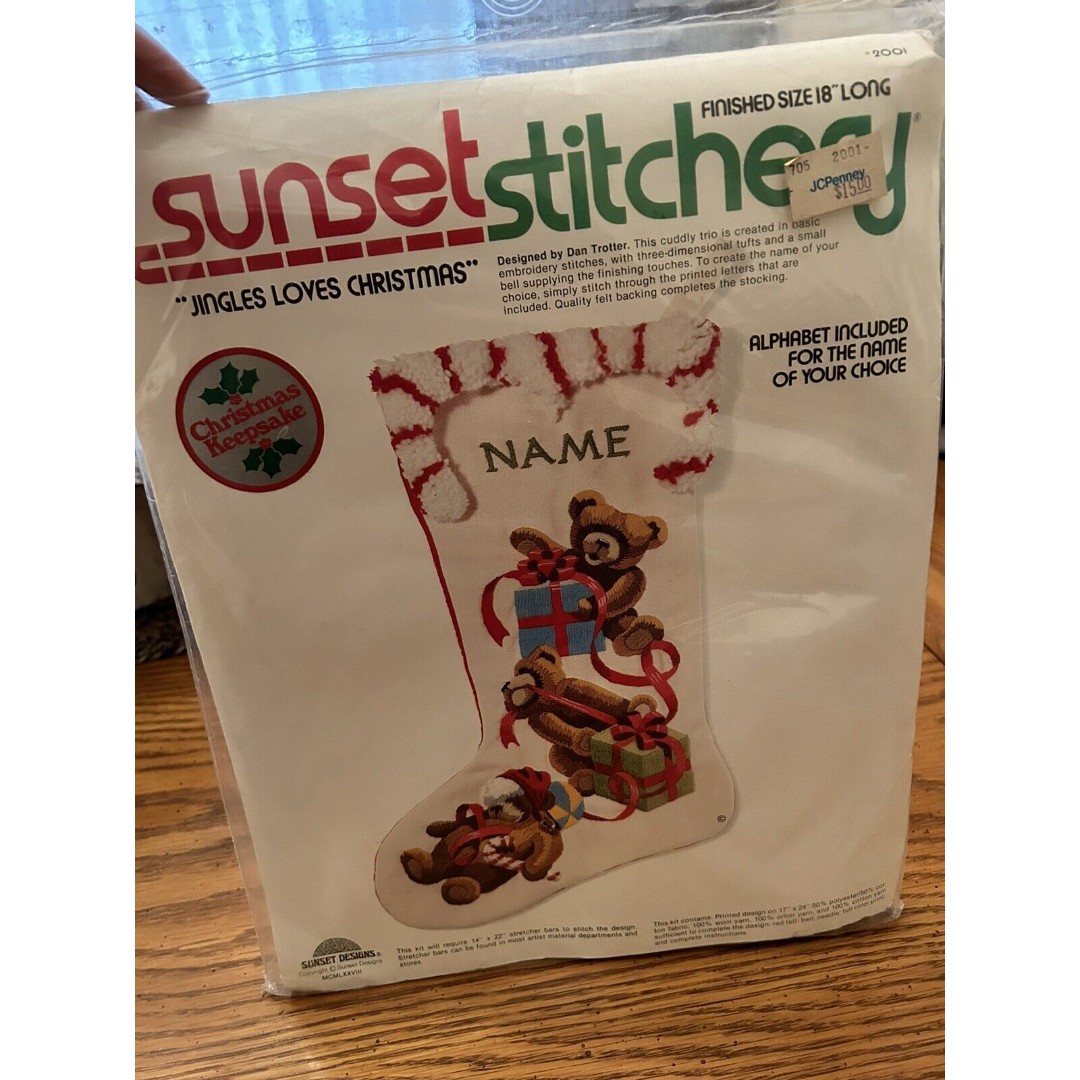 NOS 1978 Xmas Sunset Crewel Stitchery Stocking Kit JINGLES LOVES CHRISTMAS #2001