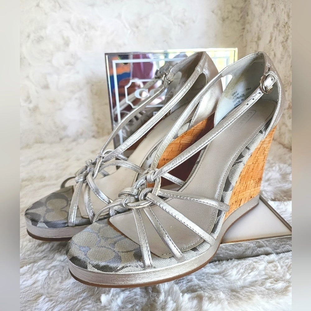 NWOT Coach Silver Joslin Silver Leather & Cork Wedges Sz 10