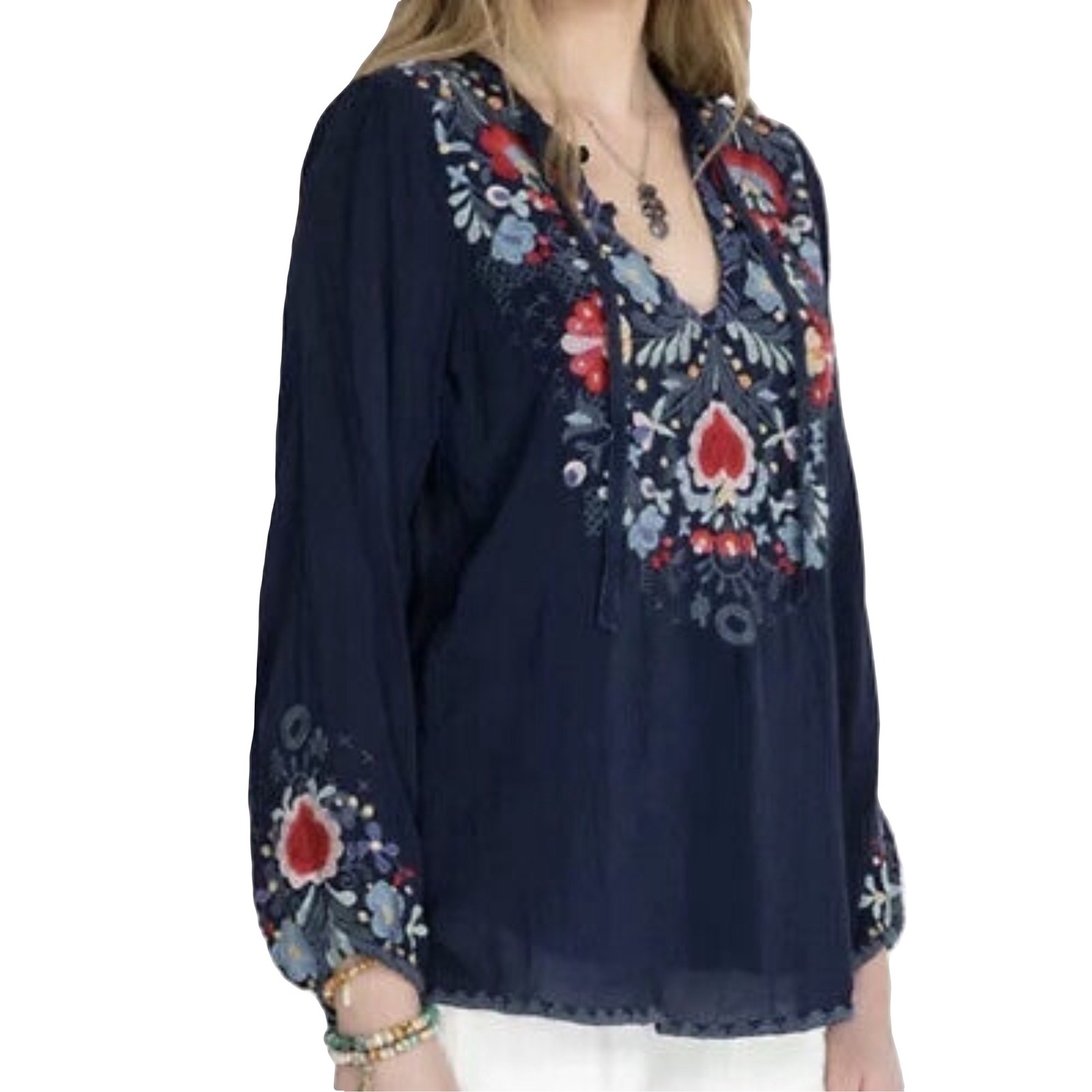 JOHNNY WAS Top S Floral Embroidery Crinkle Bow Balloon Long Sleeve 3 Button