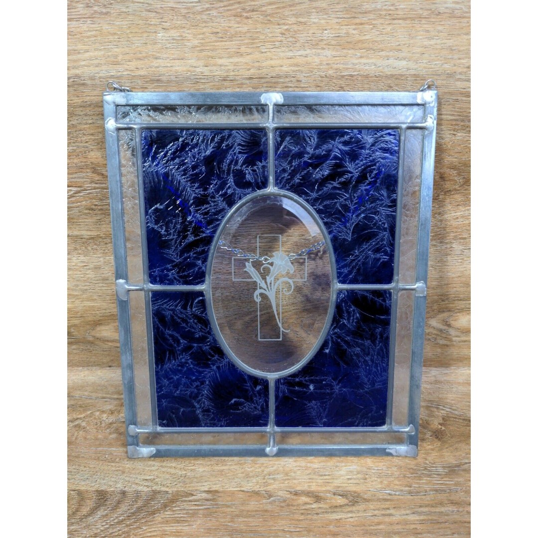 Stained Glass Light Catcher Colbolt Blue & Clear Cross & Lilly 10 × 12