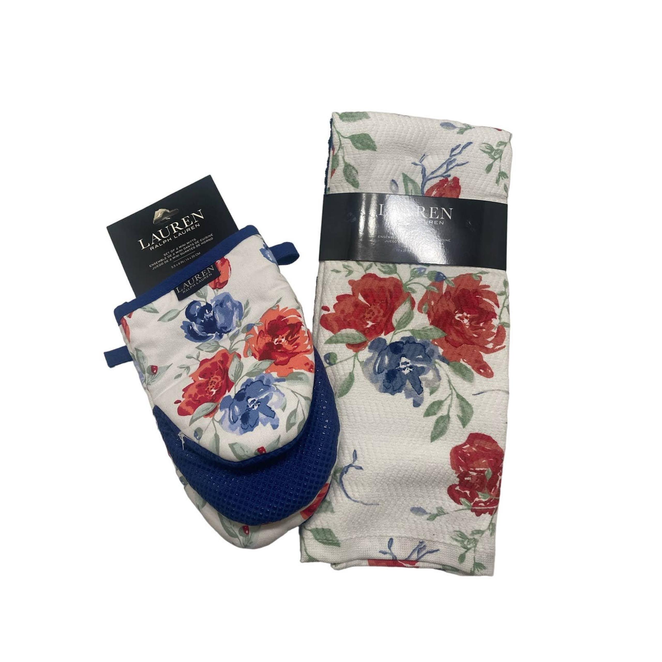 Lauren Ralph Lauren Home Kitchen Set NWT 3 Red Blue Floral Towels 2 Mini Mitts