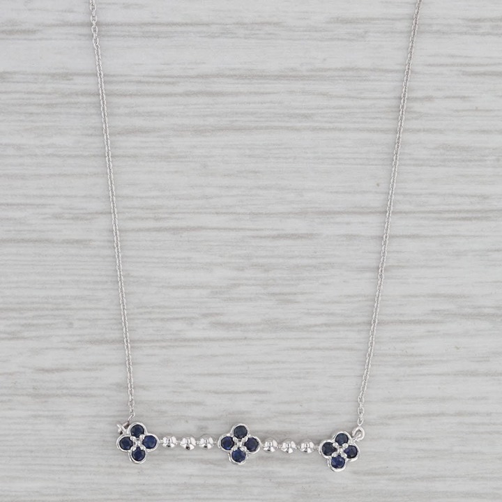 New 0.15ctw Blue Sapphire Flower Pendant Necklace 10k White Gold Cable Chain