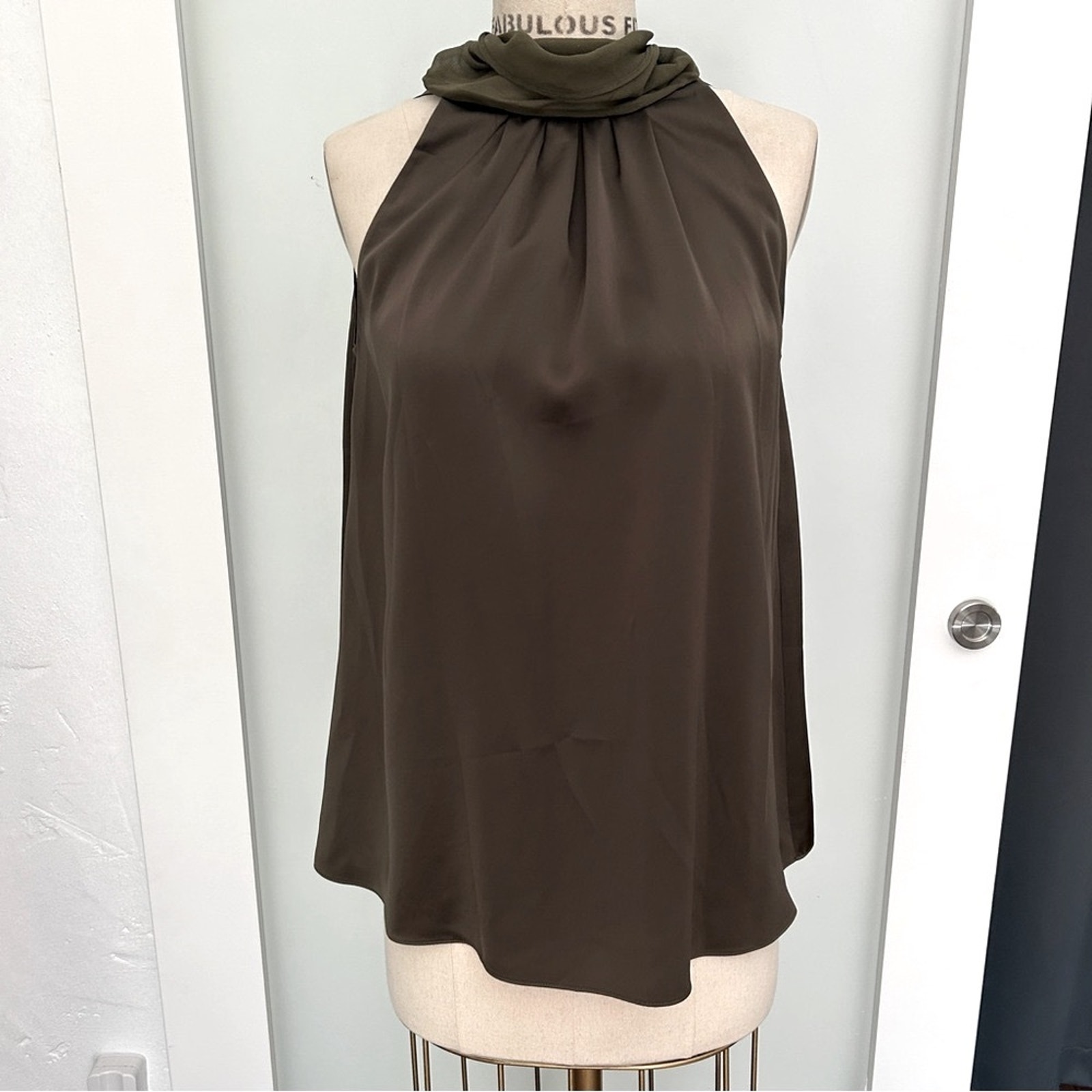 Diane Von Furstenberg DVF sleeveless olive green silk blouse with neck tie 2