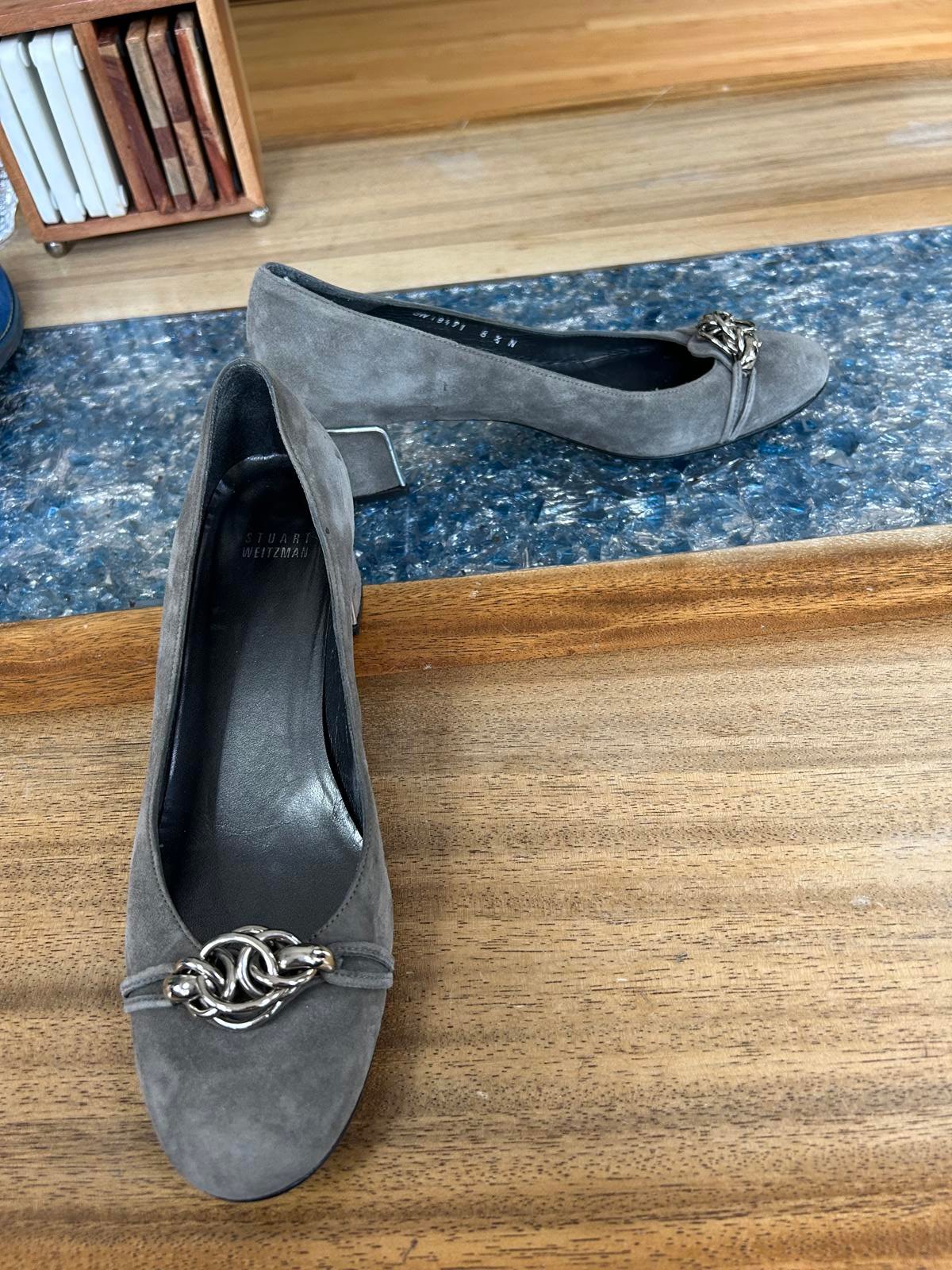 Stuart Weitzman Gray Suede Heels with Decorative Buckle