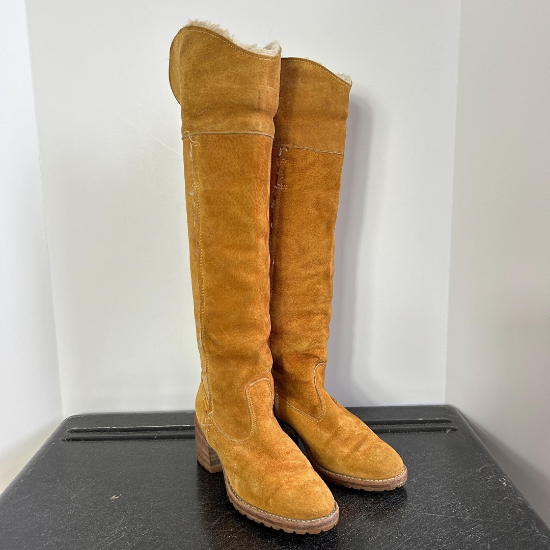 Vintage 70s Sherpa Lined Suede Stack Heel Tall OTK Boots 5.5 6
