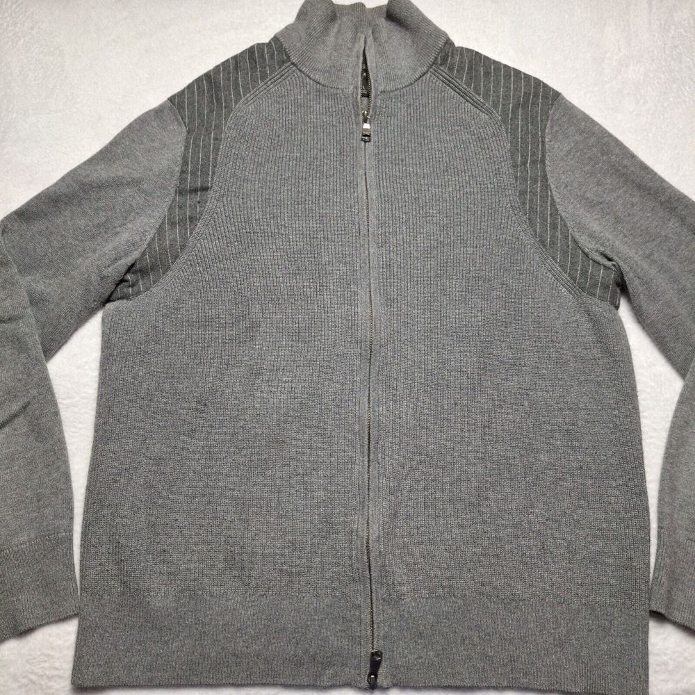 BANANA REPUBLIC Full Zip Cardigan Sweater Sz L Gray Pinstripe Academia Preppy