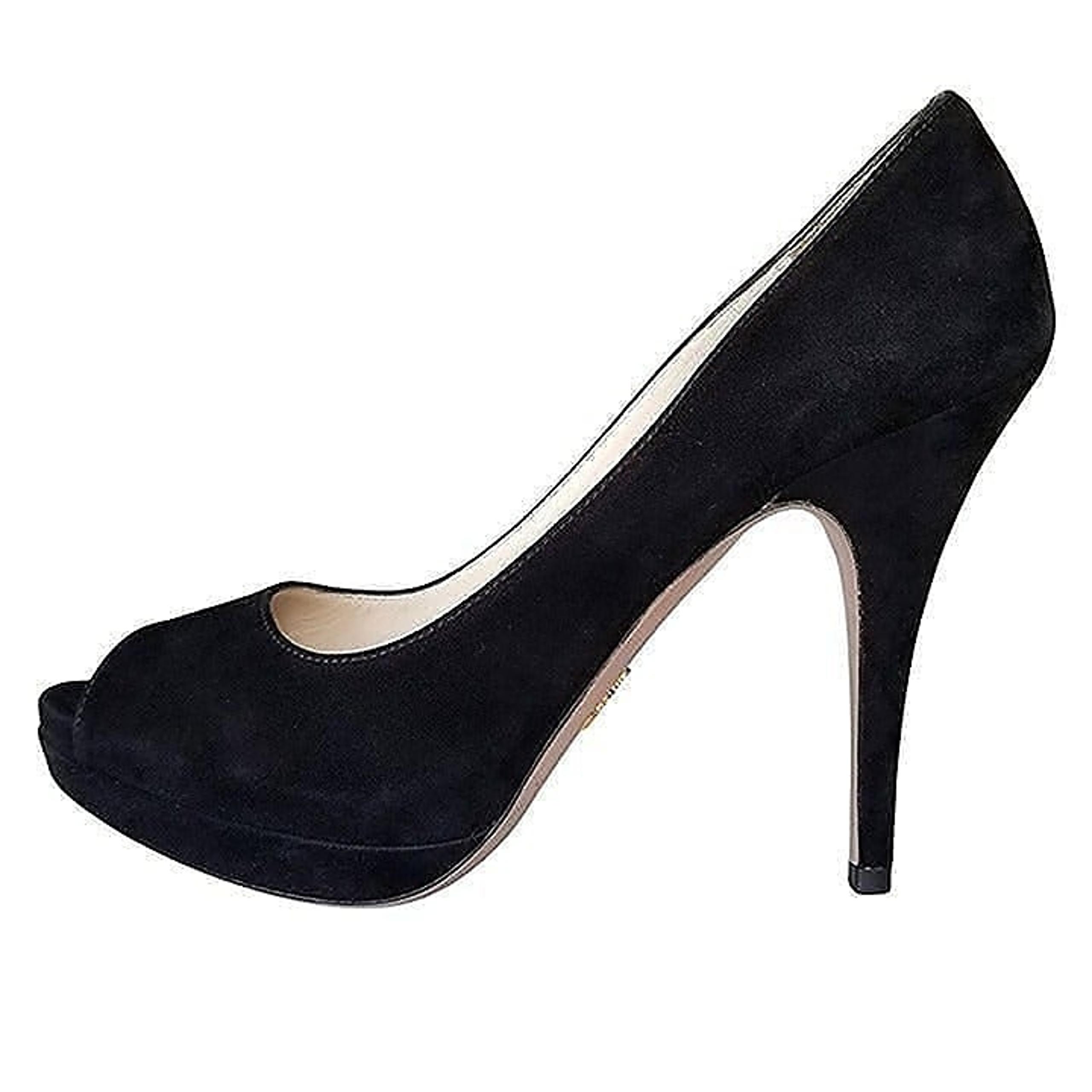 Prada Black Suede Platform Peep Toe Heels - Size 38
