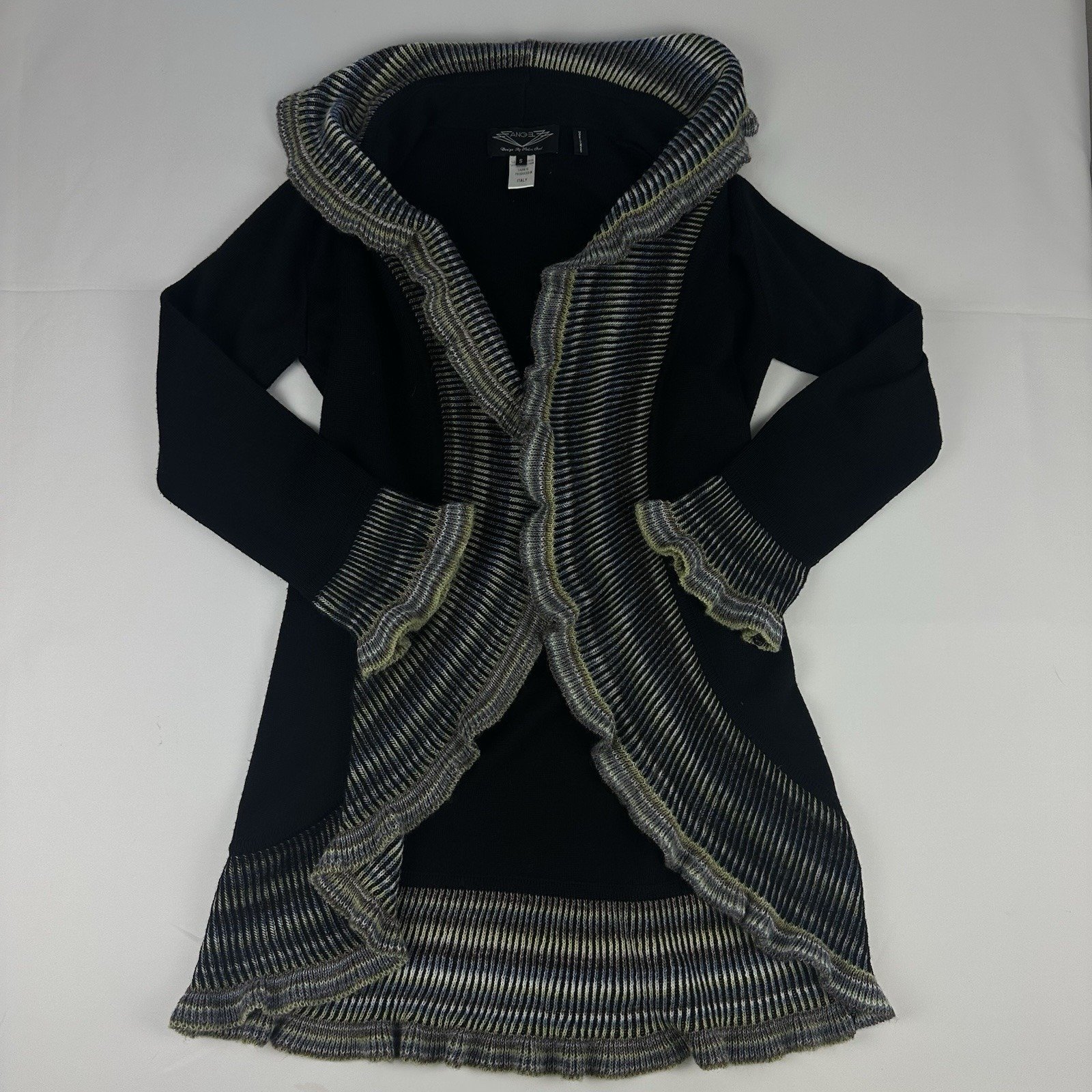 Angel Design by Sabri Ozel Sz M Long Cardigan Black Wool Blend Colorful Ruffle
